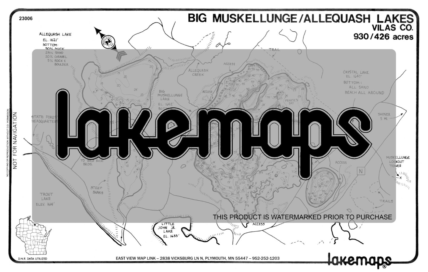 Vilas County, WI - BIG MUSKELLUNGE/Allequash - Lakemap - 23006