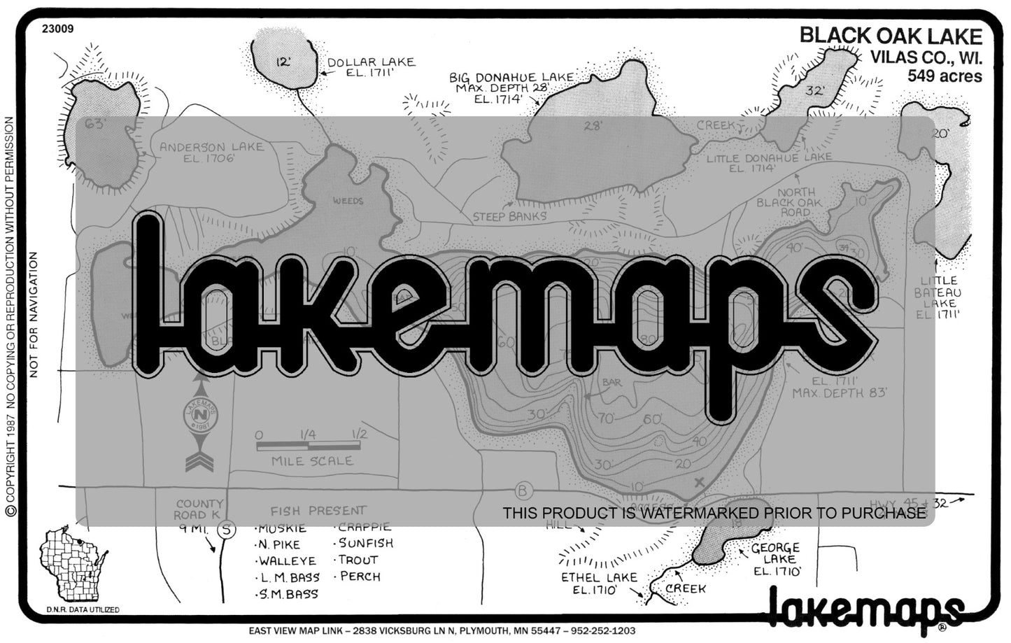 Vilas County, WI - BLACK OAK - Lakemap - 23009