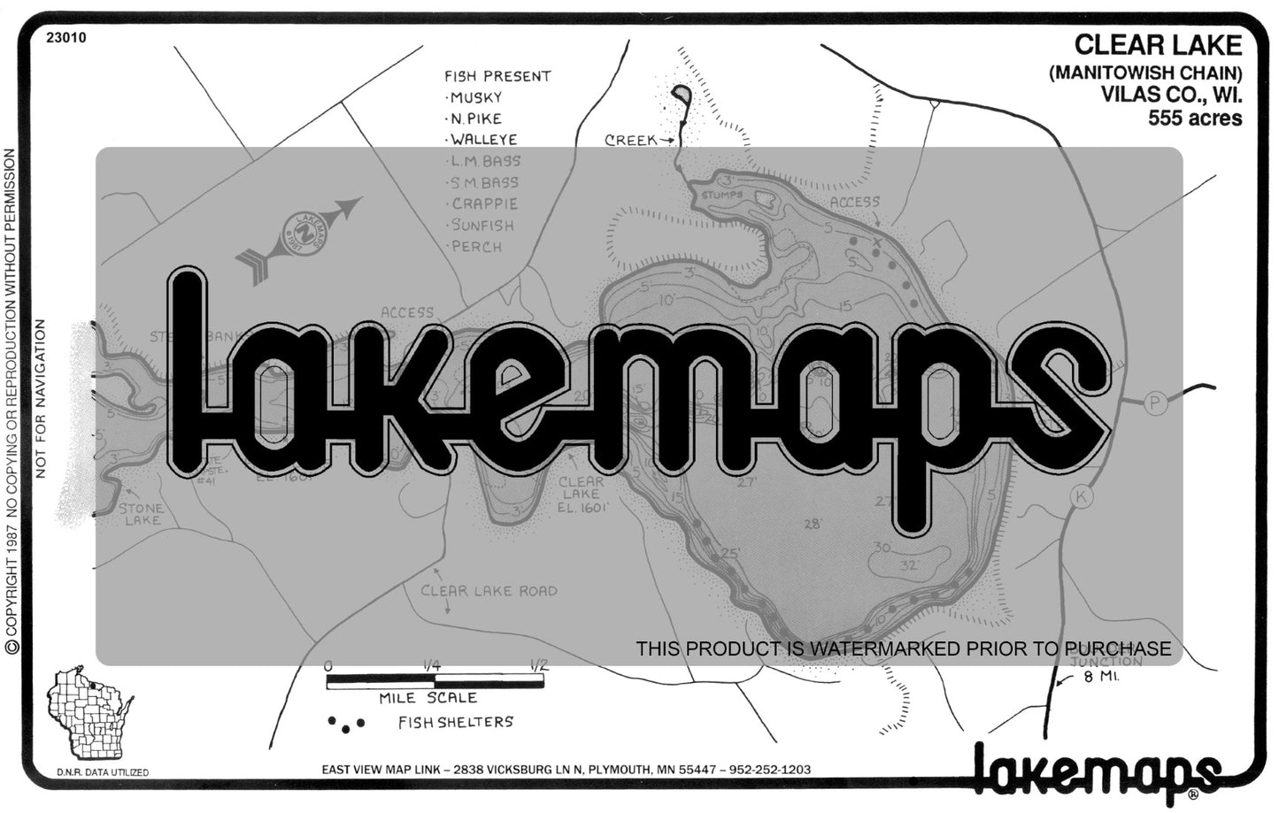 Vilas County, WI - CLEAR/ FAWN/ STONE - Lakemap - 23010