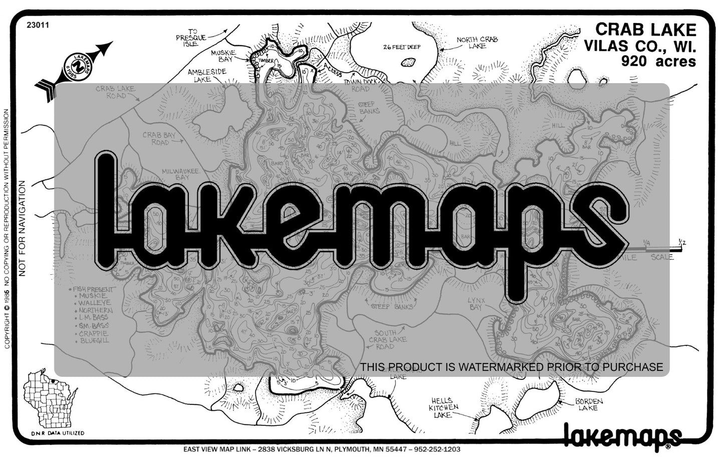 Vilas County, WI - CRAB - Lakemap - 23011