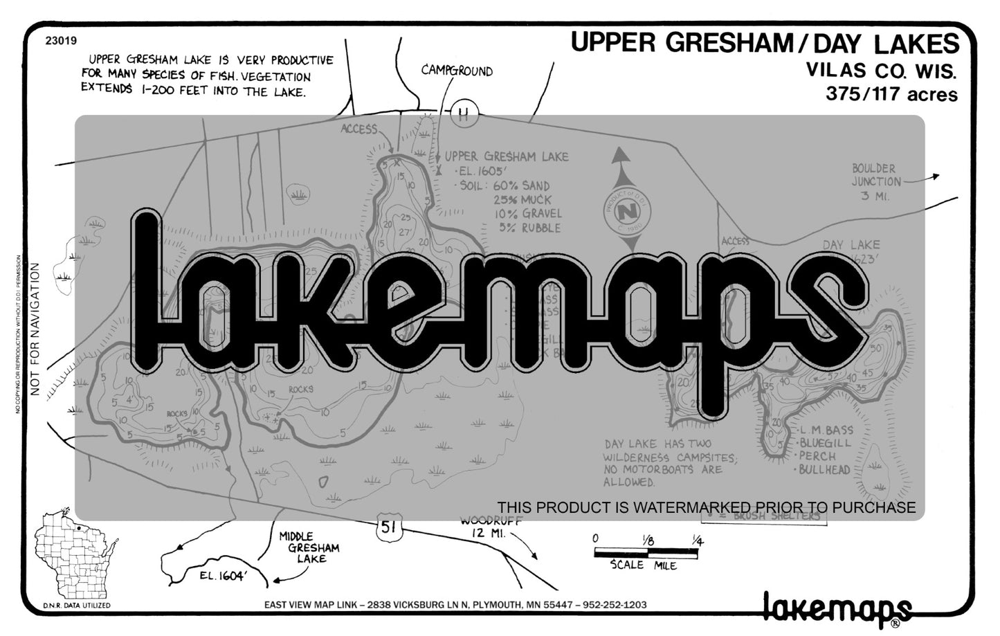 Vilas County, WI - GRESHAM, Upper/DAY - Lakemap - 23019