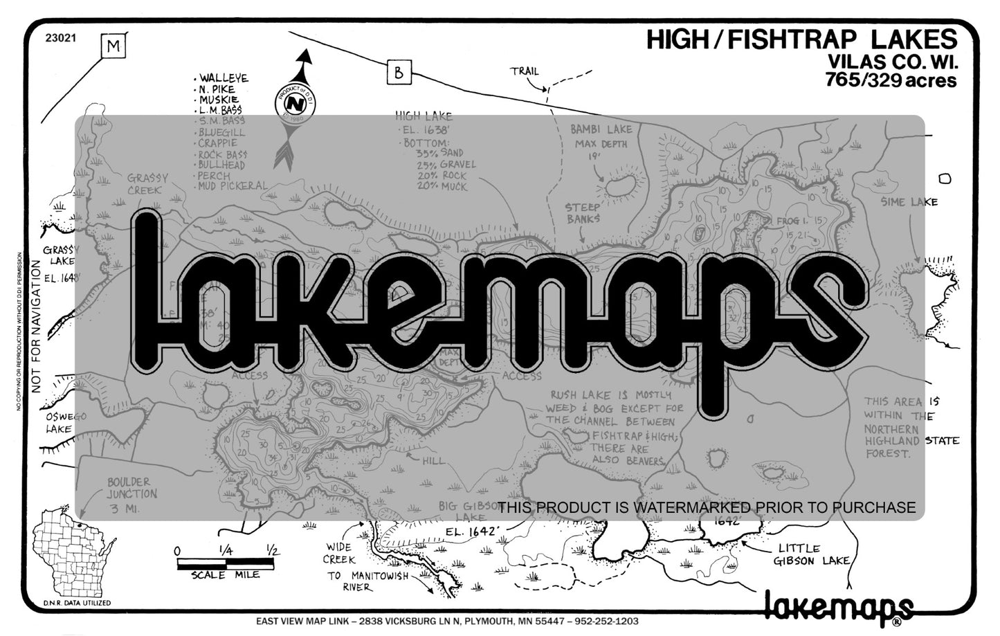 Vilas County, WI - HIGH/Fishtrap - Lakemap - 23021