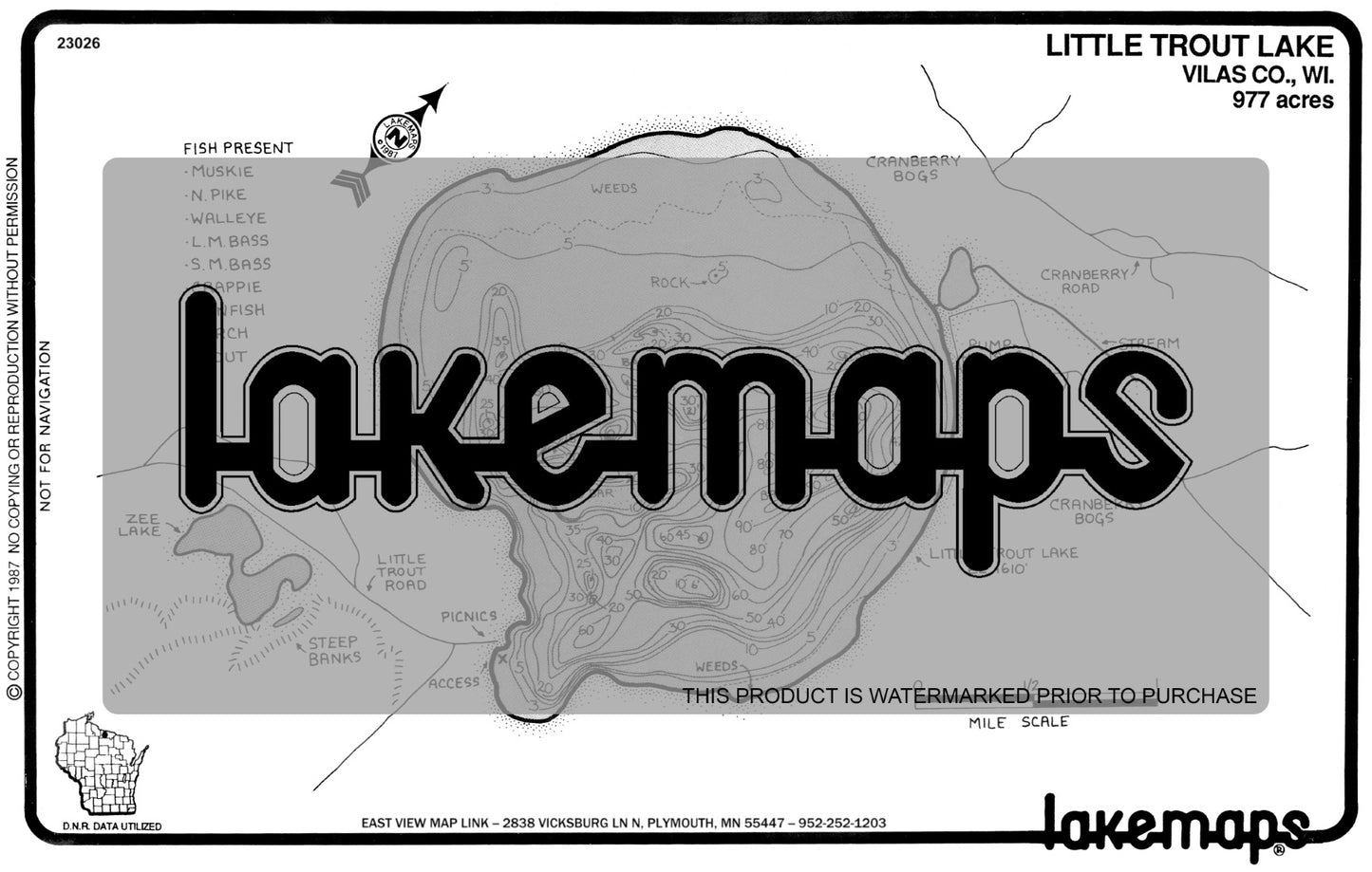 Vilas County, WI - LITTLE TROUT - Lakemap - 23026