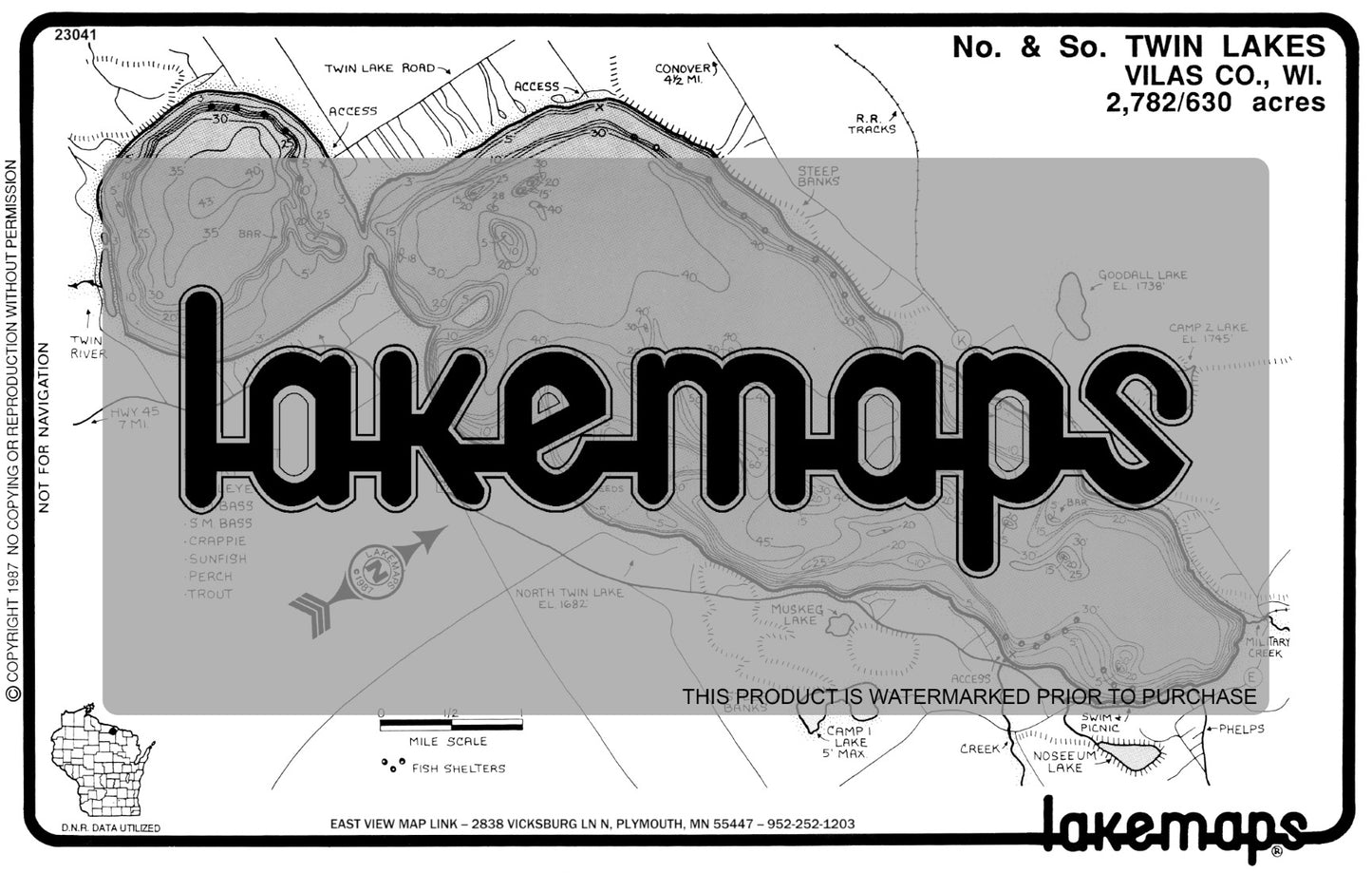 Vilas County, WI - TWIN, No./ So. - Lakemap - 23041