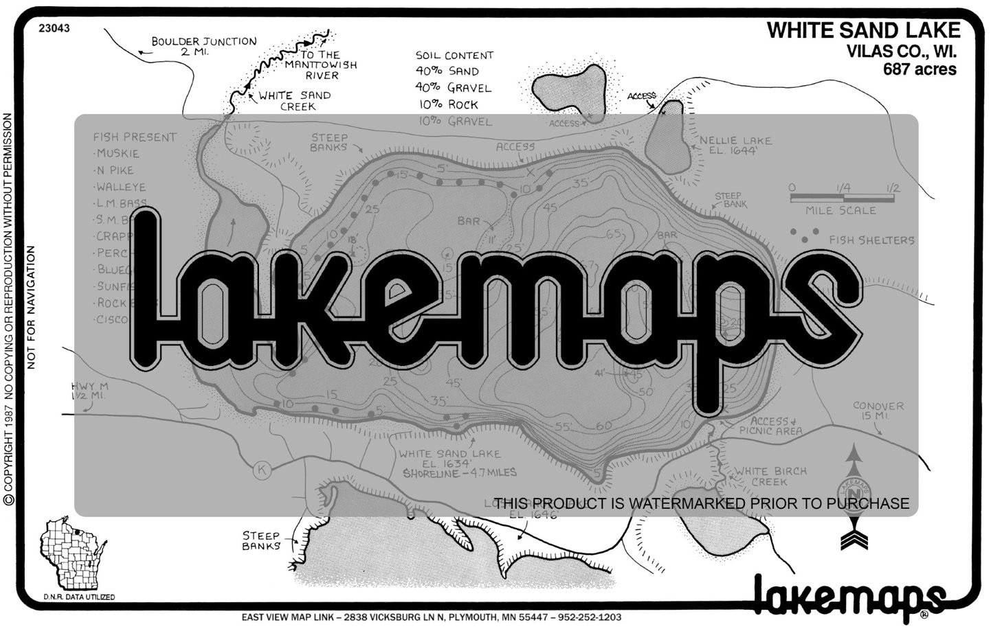 Vilas County, WI - WHITE SAND (near Escanaba) - Lakemap - 23043