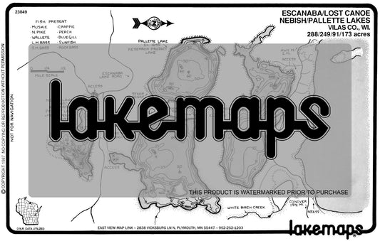 Vilas County, WI - ESCANABA - Lost Canoe/Nebish - Lakemap - 23049