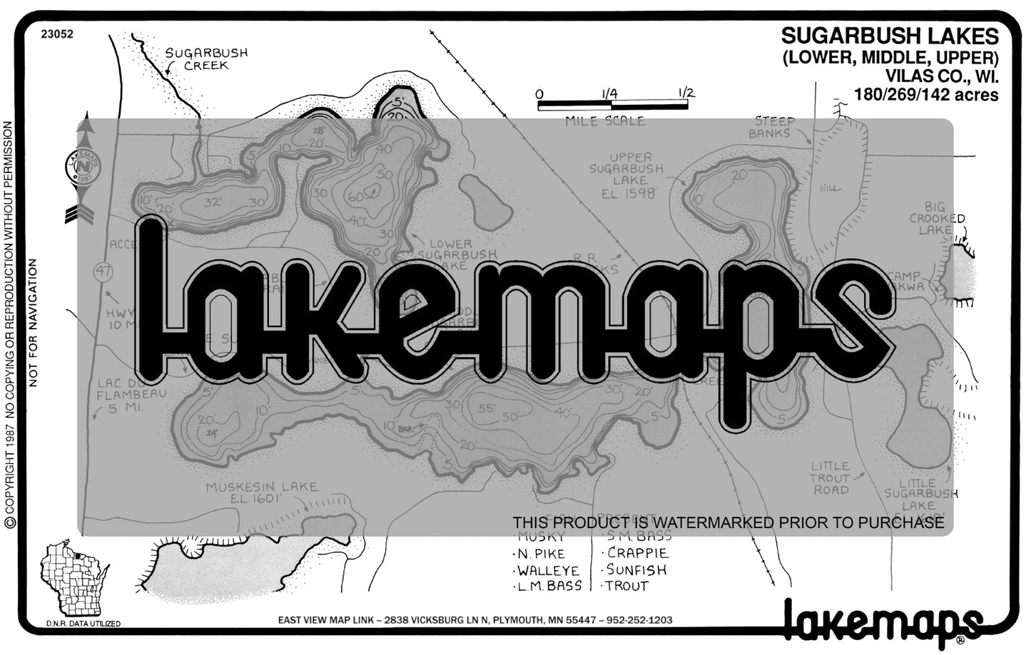 Vilas County, WI - SUGARBUSH(Up. Middle, Low.) - Lakemap - 23052