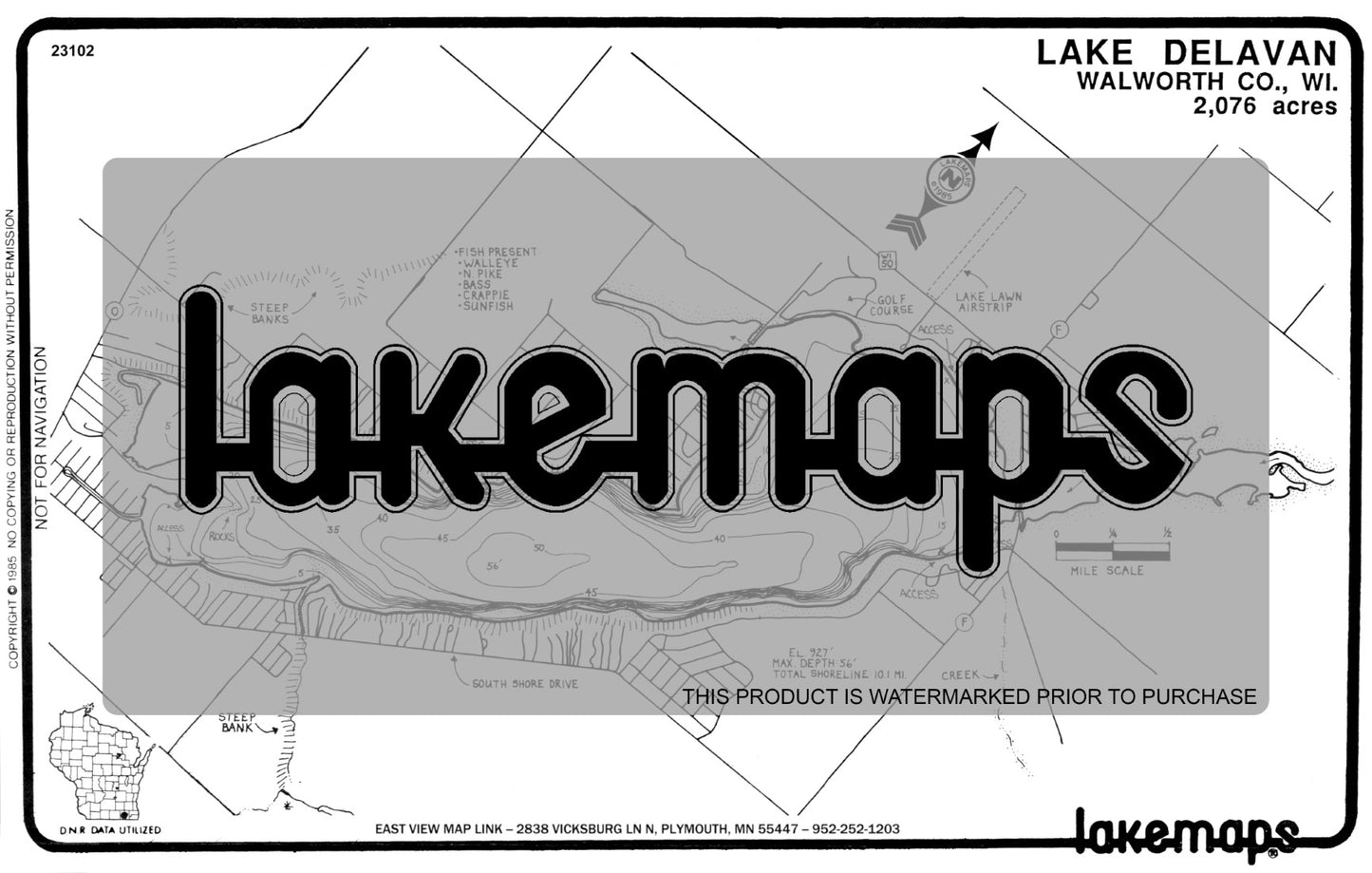 Walworth County, WI - DELAVAN - Lakemap - 23102