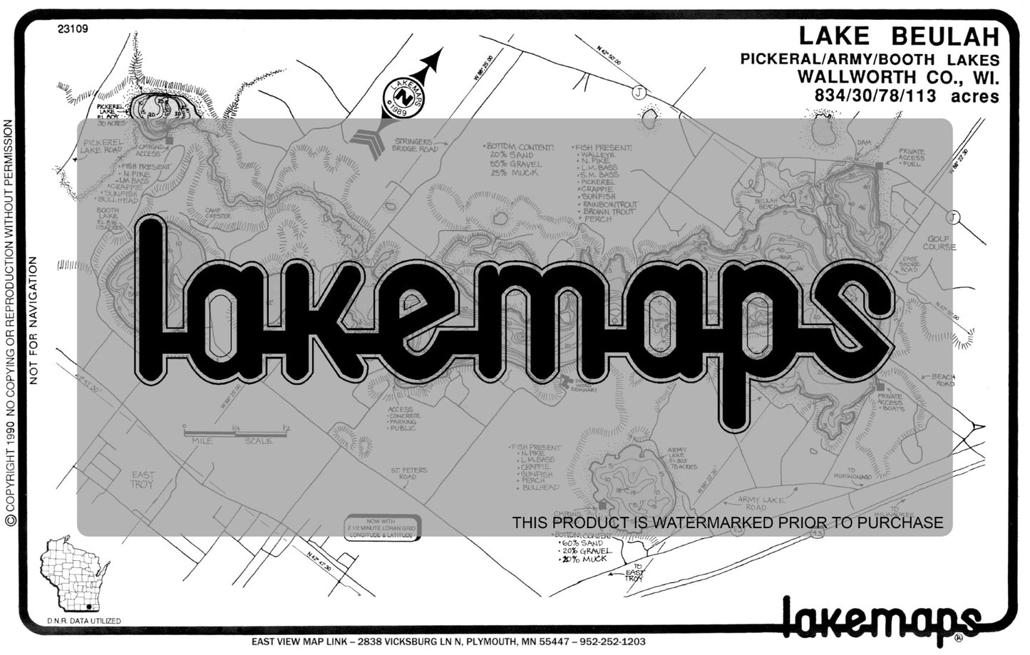 Walworth County, WI - BEULAH/ Booth/ Army - Lakemap - 23109