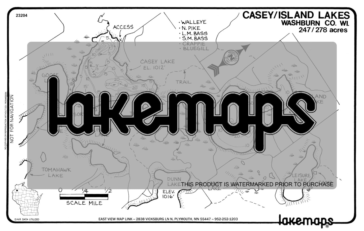 Washburn County, WI - CASEY/Island - Lakemap - 23204