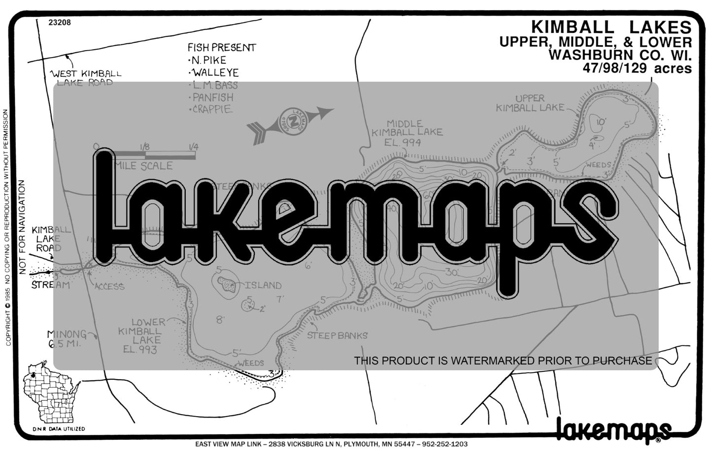 Washburn County, WI - KIMBALL/ Upper, Middle, Lower - Lakemap - 23208