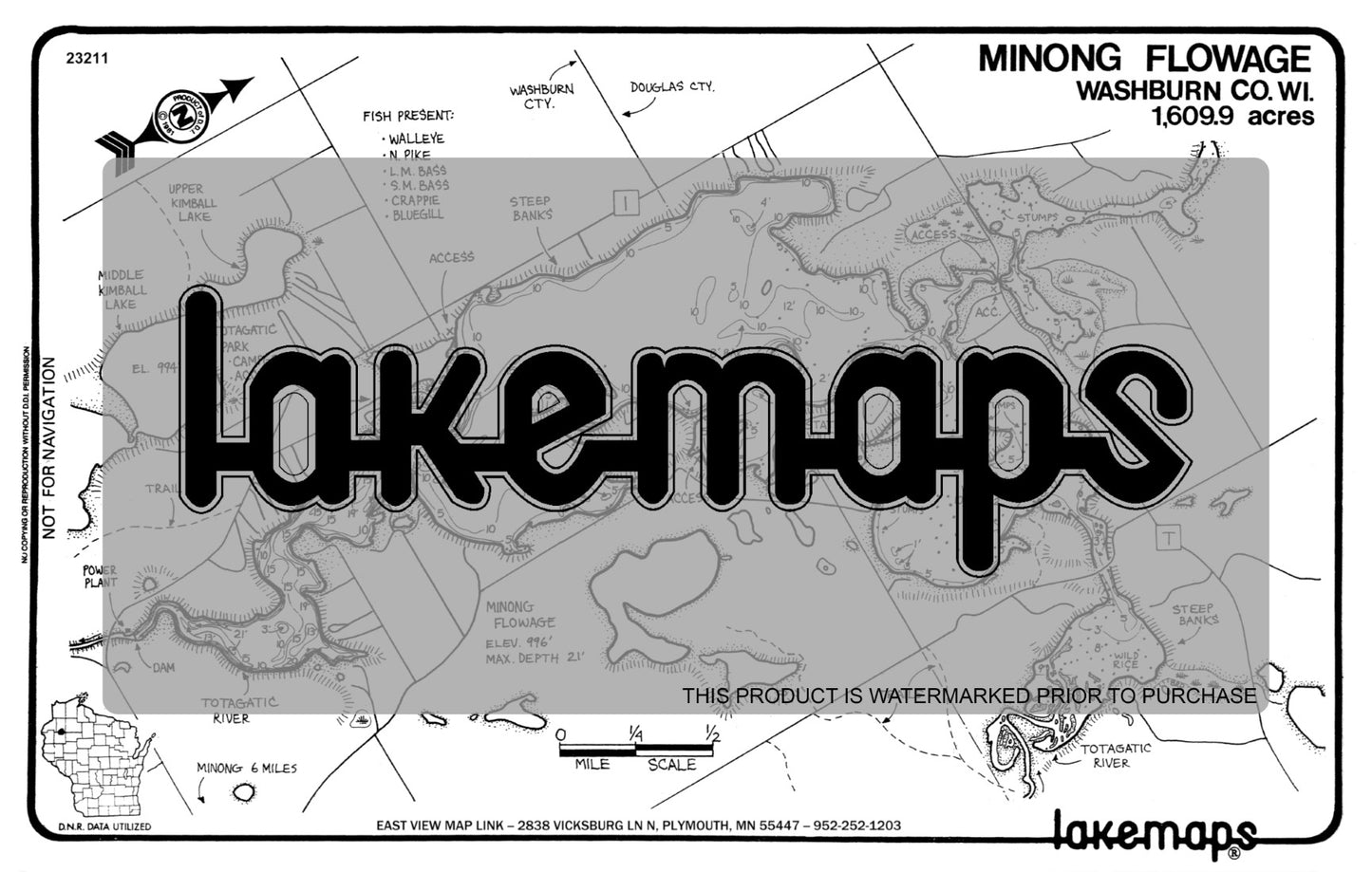 Washburn County, WI - MINONG FLOWAGE - Lakemap - 23211