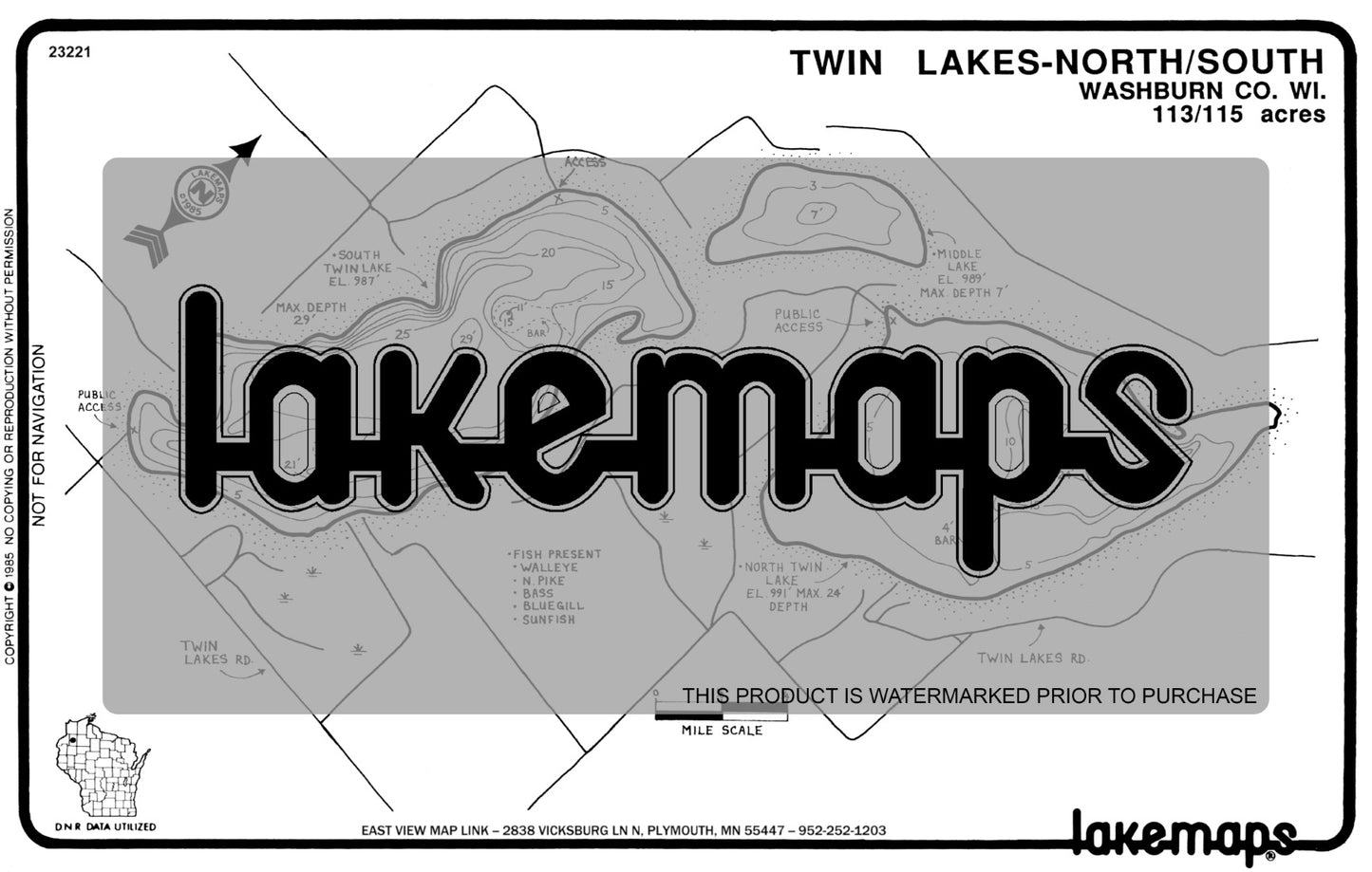 Washburn County, WI - TWIN LAKES - Lakemap - 23221