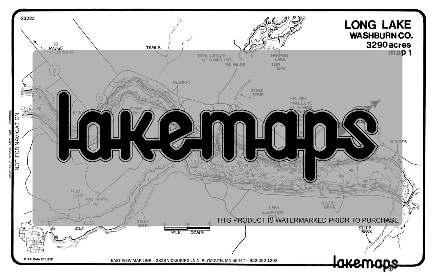 Washburn County, WI - Long Lake - map 1 North Bay Narrows - Lakemap - 23223