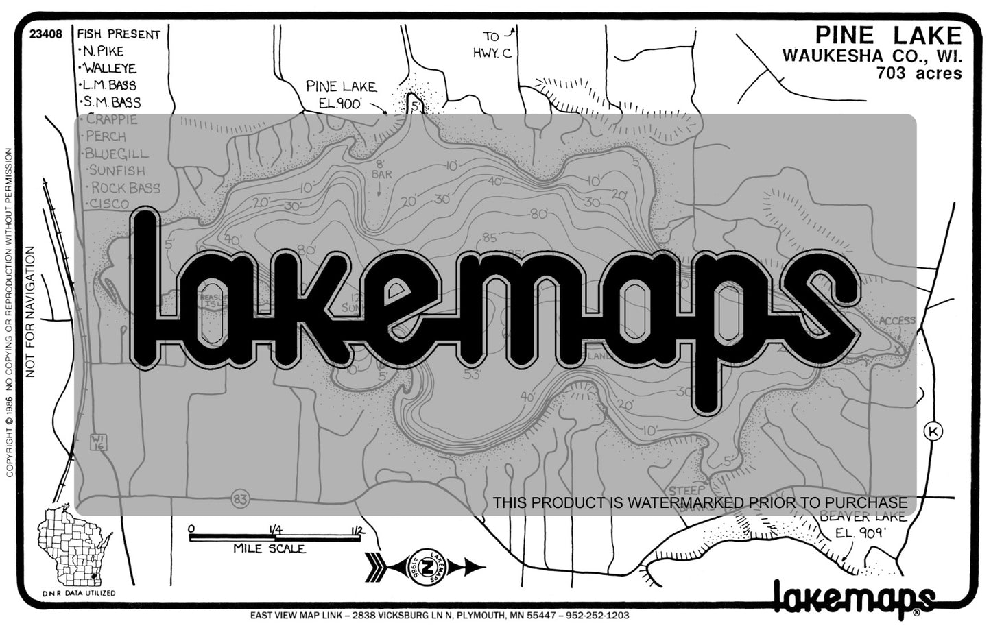 Waukesha County, WI - PINE - Lakemap - 23408