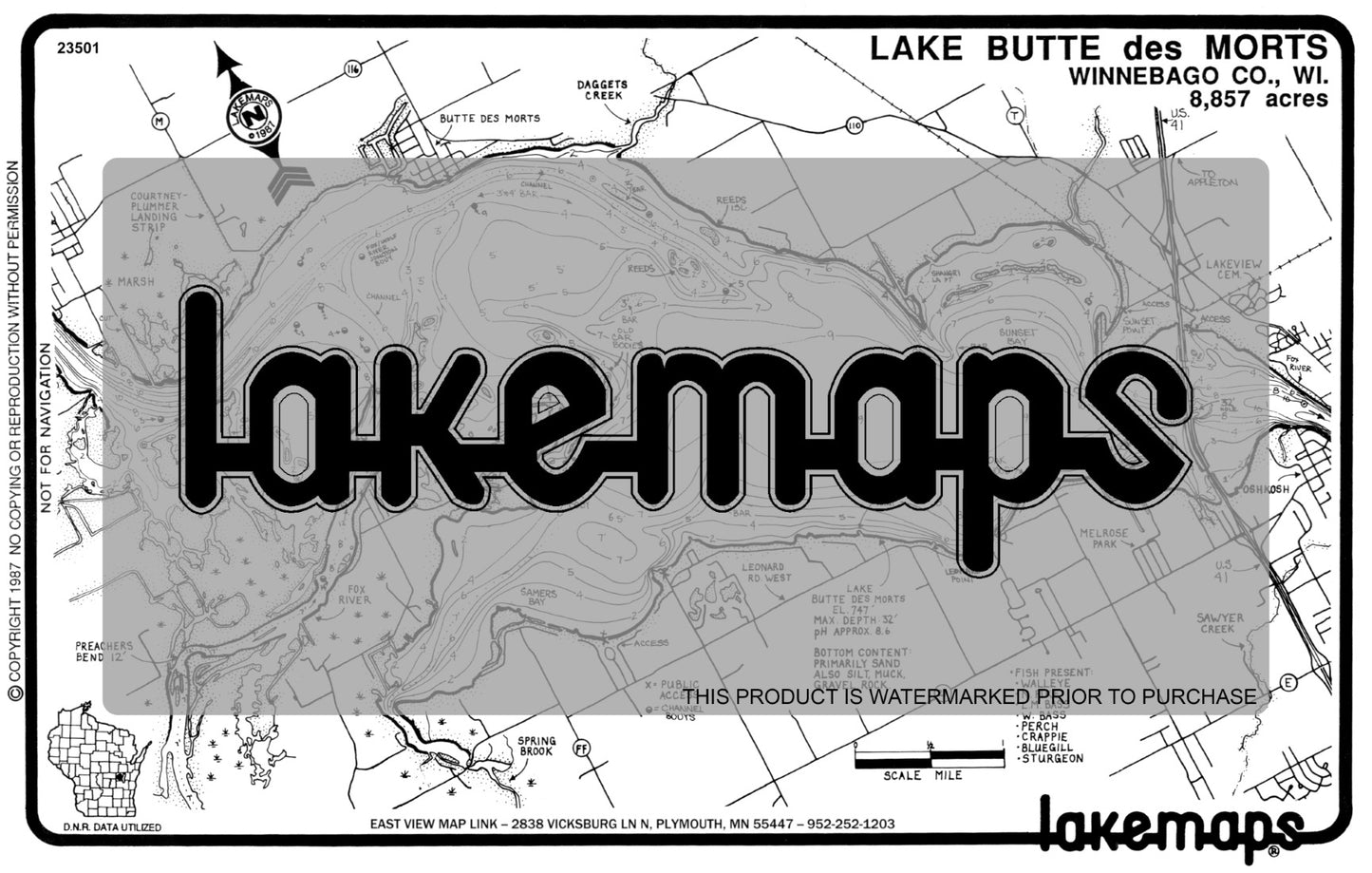 Winnebago County, WI - BUTTE DES MORTS - Lakemap - 23501