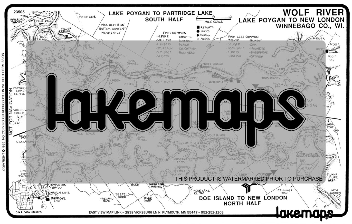 Winnebago County, WI - WOLF RIVER   (Poygan to New London) - Lakemap - 23505