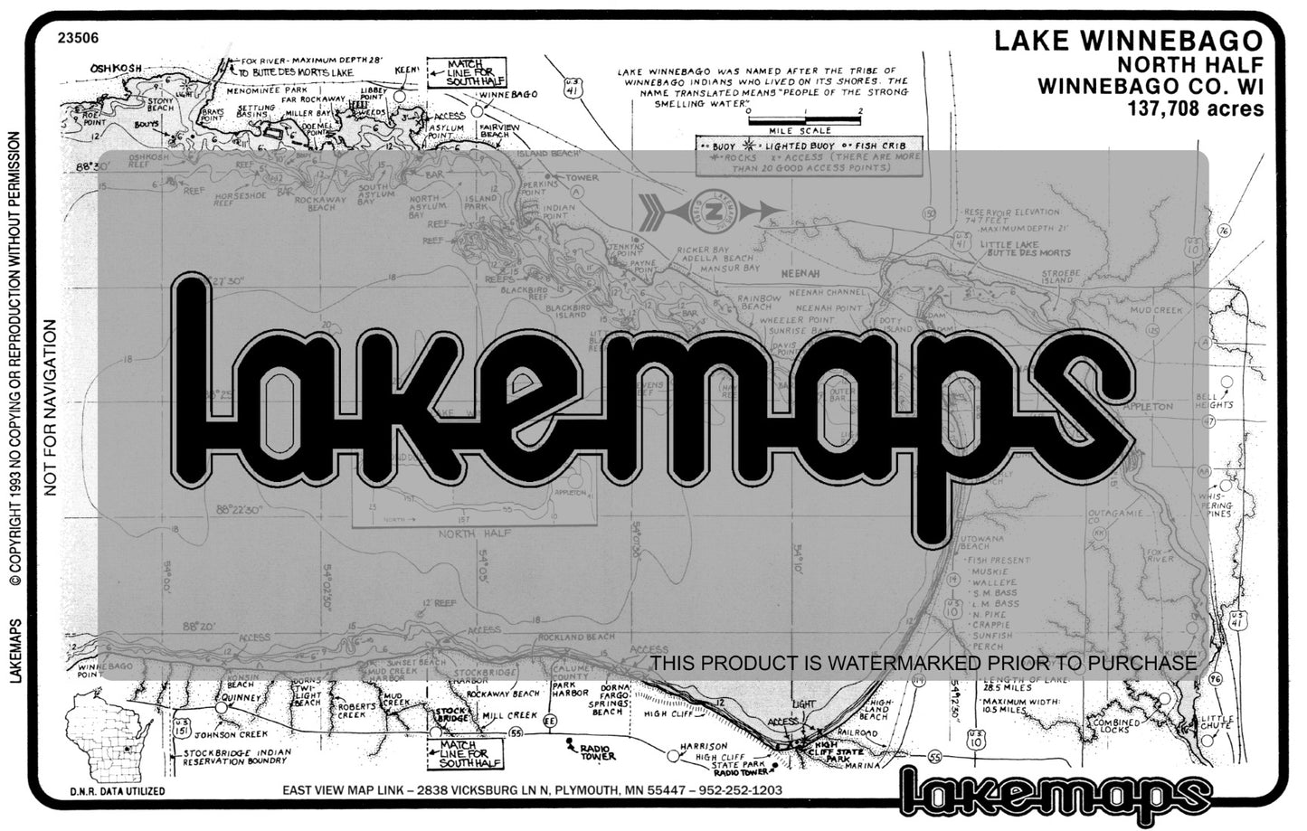 Winnebago County, WI - Winnebago Lake - North Half - Lakemap - 23506