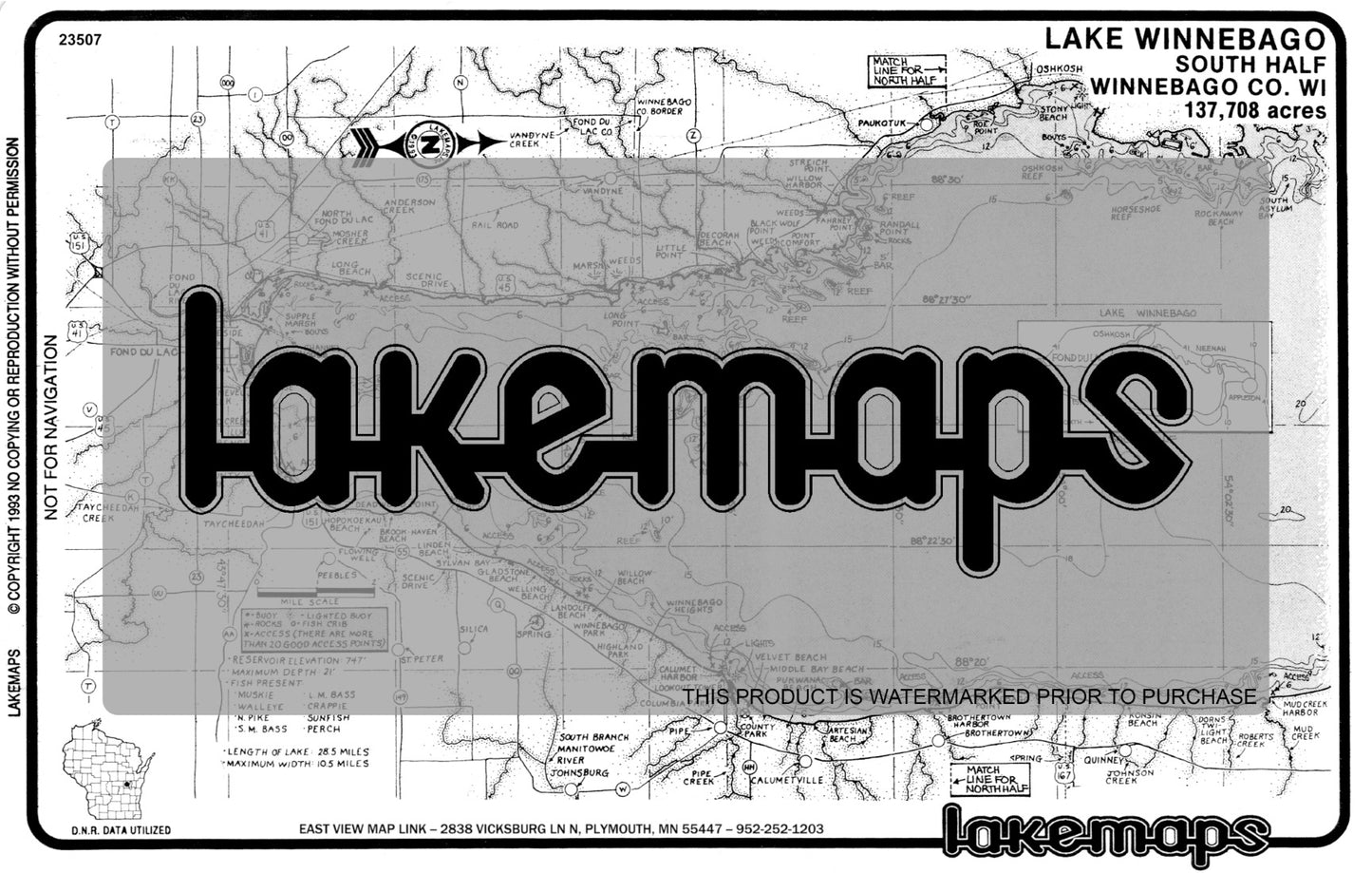 Winnebago County, WI - Winnebago Lake - South Half - Lakemap - 23507