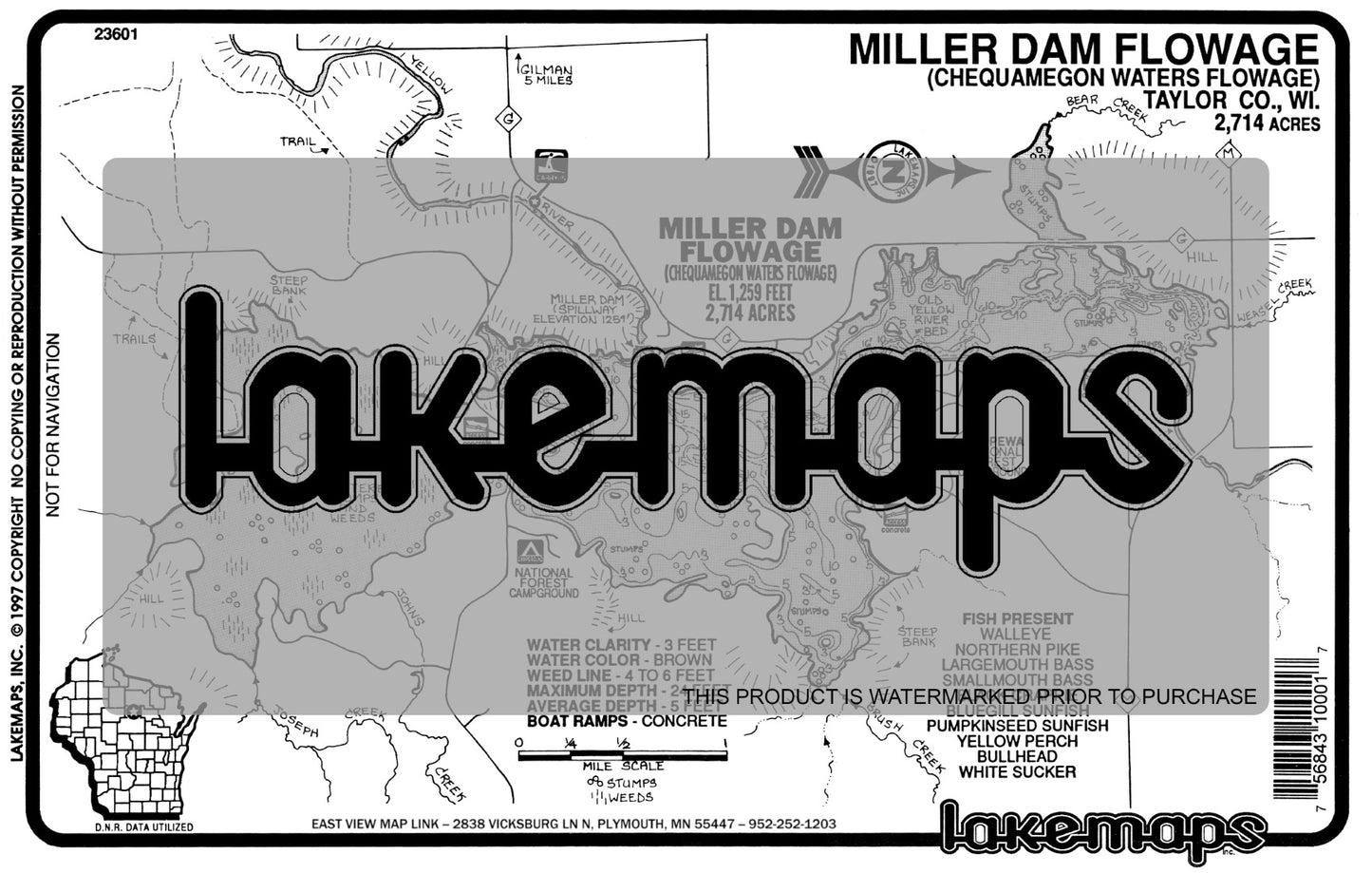 Taylor County, WI - MILLER DAM FLOWAGE (Chequamegon Waters Flow.) - Lakemap - 23601