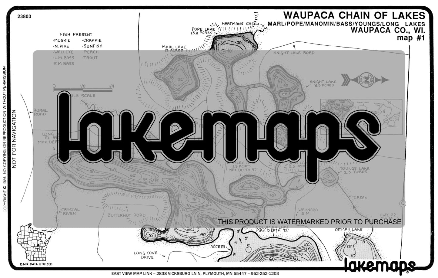 Waupaca County, WI - Waupaca Lake Chain - Map  1 Marl/ Pope/ Manomin - Lakemap - 23803