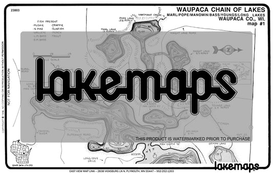 Waupaca County, WI - Waupaca Lake Chain - Map  1 Marl/ Pope/ Manomin - Lakemap - 23803