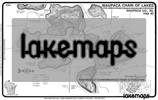 Waupaca County, WI - Waupaca Lake Chain - Map  2 Columbia/Dake/Miner - Lakemap - 23804