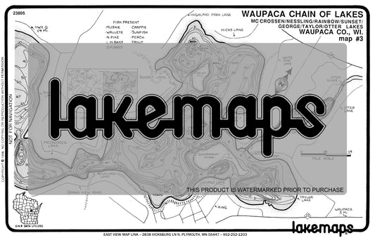 Waupaca County, WI - WAUPACA CHAIN - Map 3 - Rainbow / Sunset / McCrossen / Taylor / Nessling / George / Otter - Lakemap - 23805