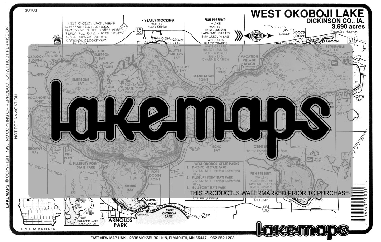 Dickinson County, IA - OKOBOJI, WEST - Lakemap - 30103