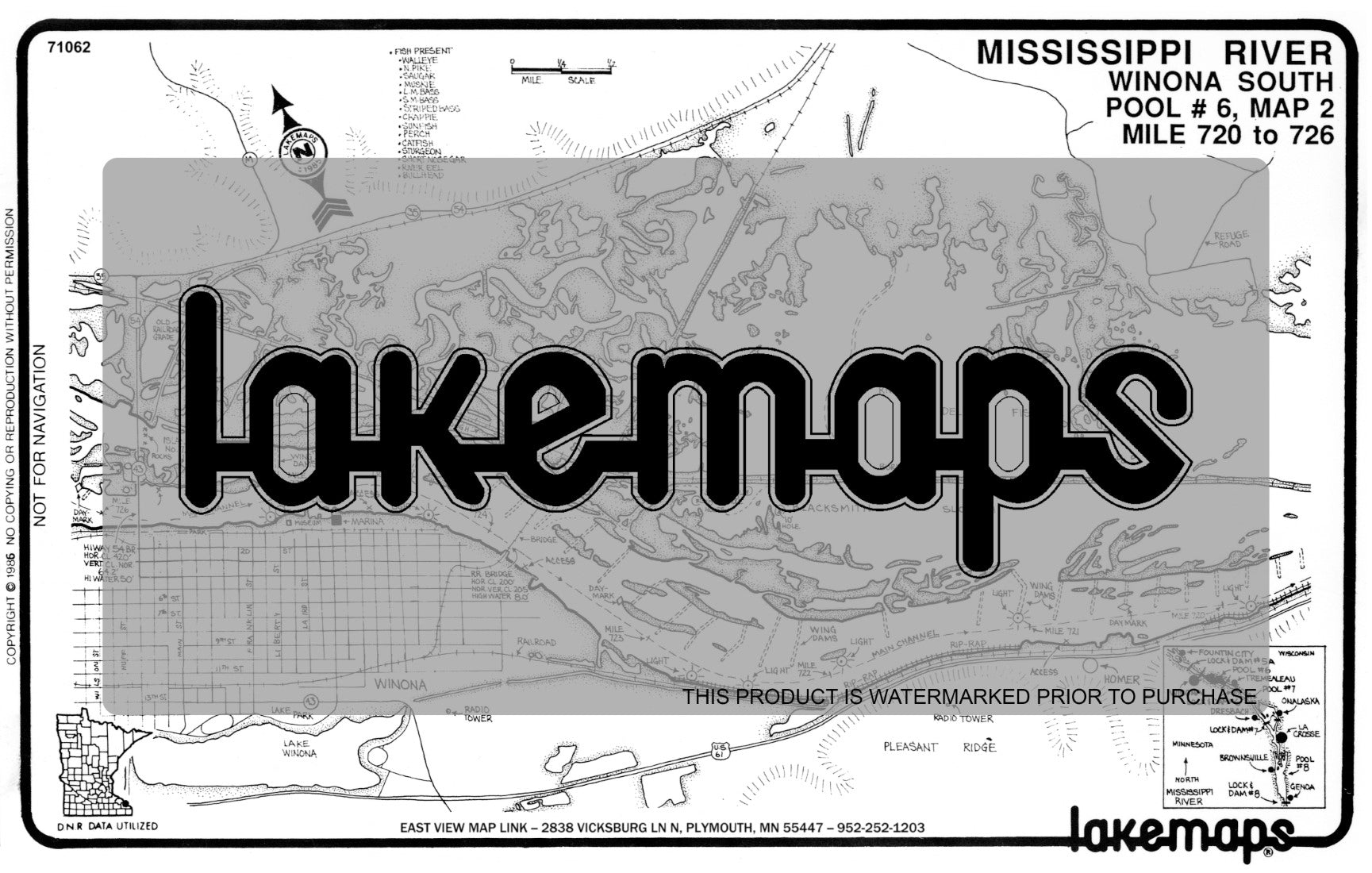Mississippi River - Mississippi River Pool 6 - WINONA SOUTH  Mile 720 to 726 (Pool #6, map 2) - Lakemap - 71062
