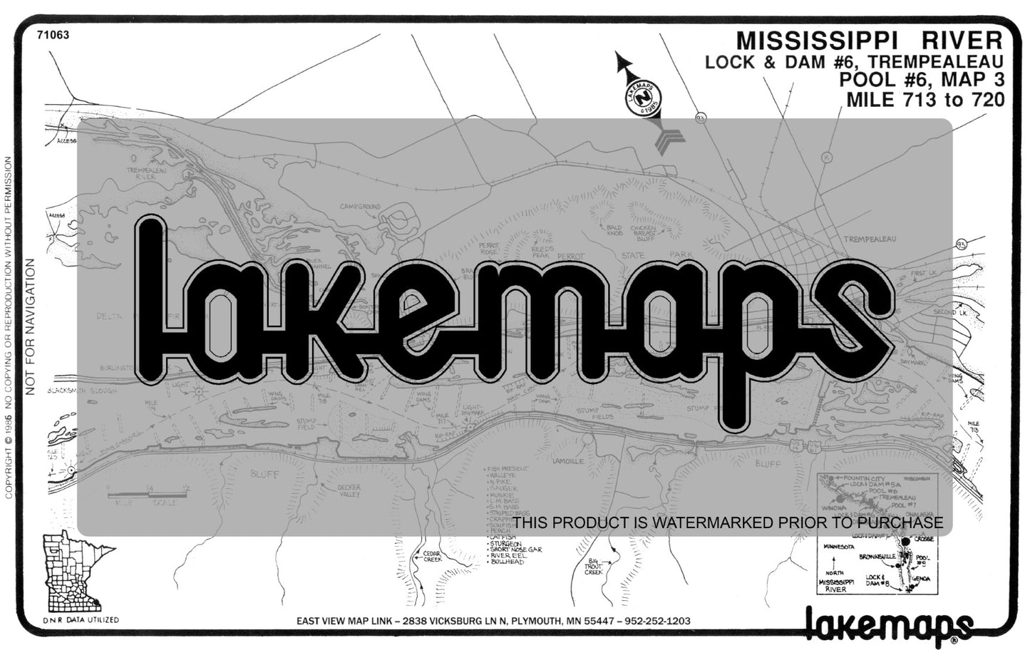 Mississippi River - Mississippi River Pool 6 - TREMPEALEAU Mile 713 to 720 LOCK & DAM #6 (Pool #6,map 3) - Lakemap - 71063