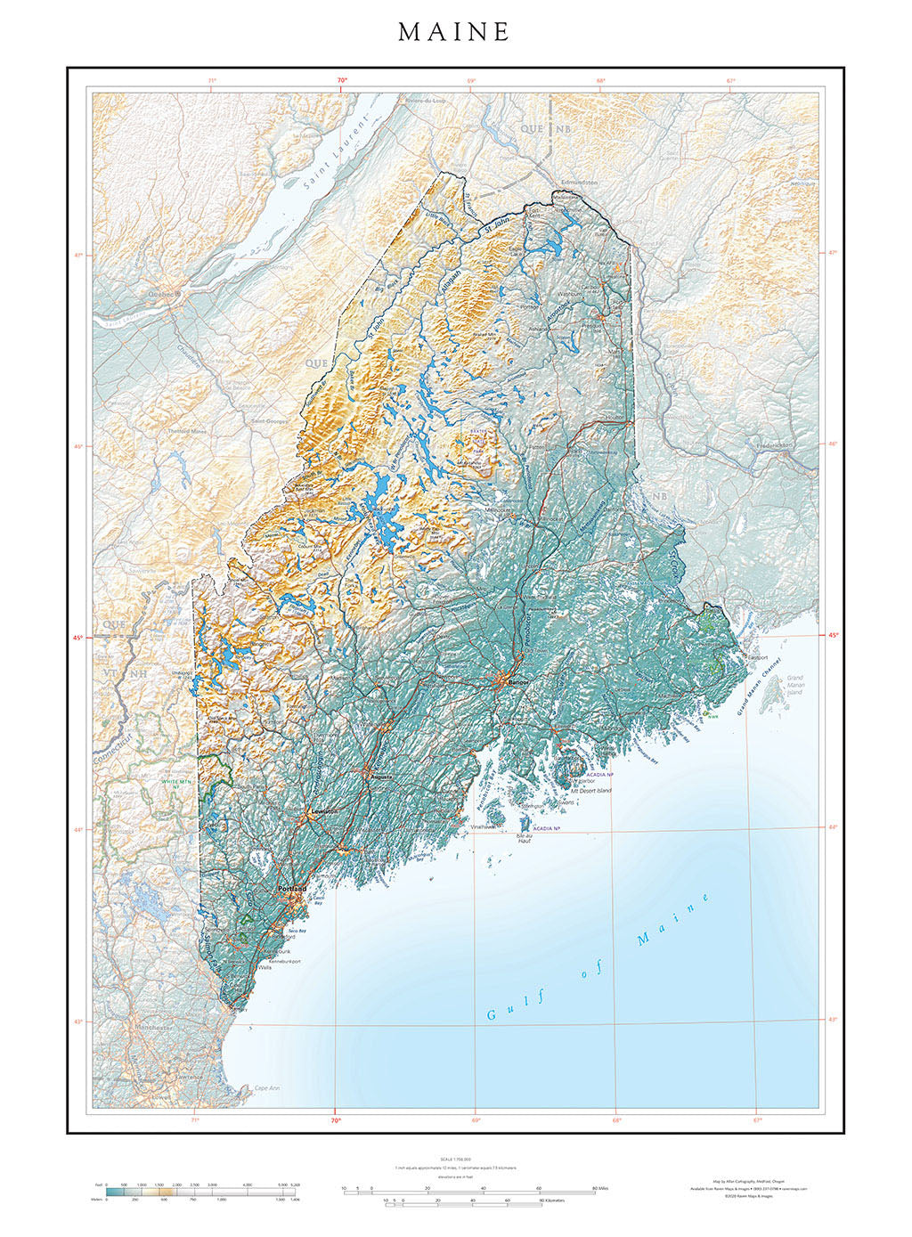 Maine in Context Elevation Tints Fine Art Print Map
