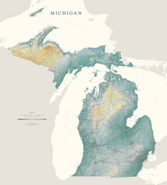 Michigan Elevation Tints Fine Art Print Map
