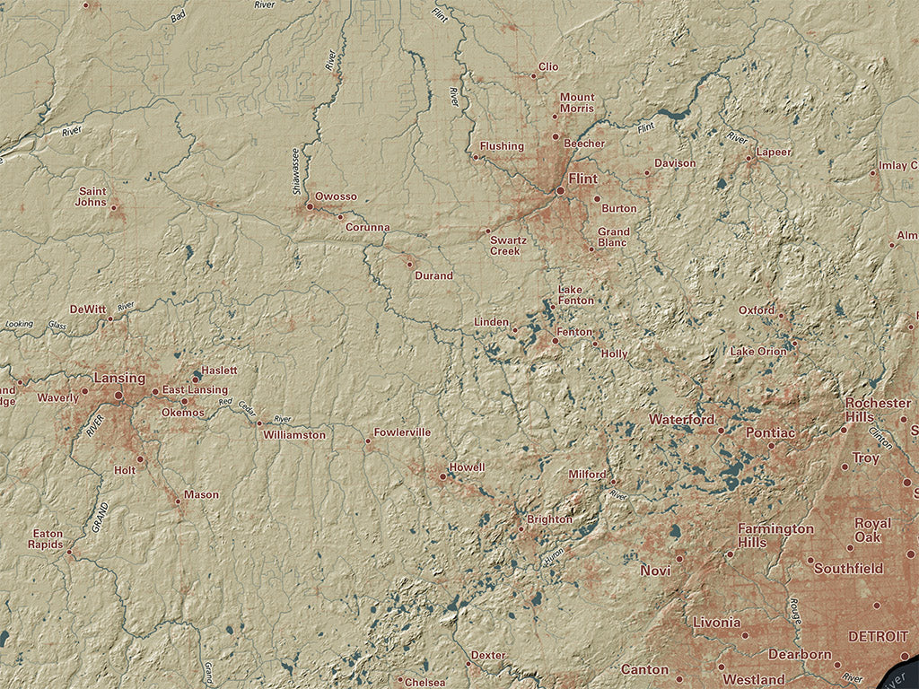 Michigan Landforms and Rivers Fine Art Print Map