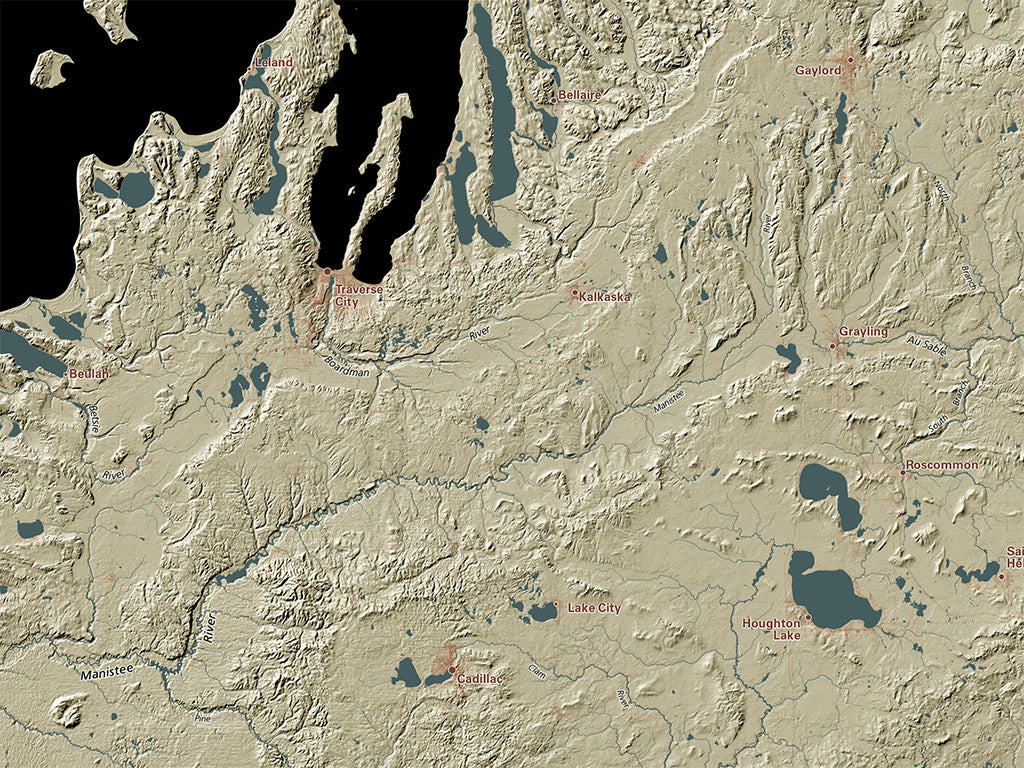Michigan Landforms and Rivers Fine Art Print Map