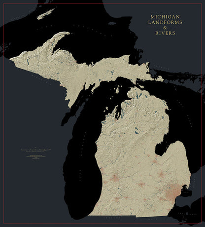 Michigan Landforms and Rivers Fine Art Print Map