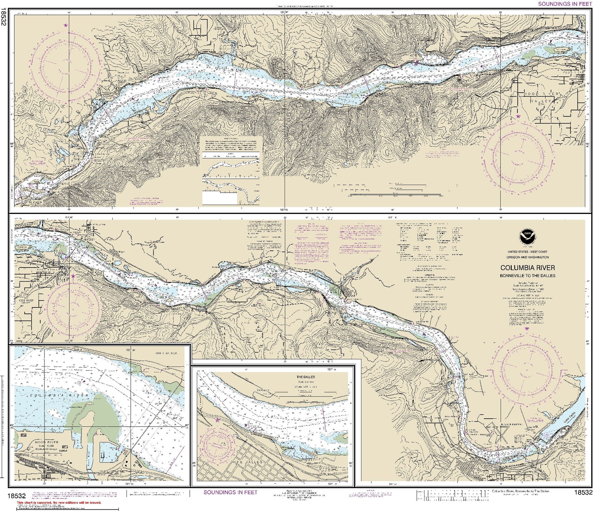 Columbia River - Bonneville to The Dalles (Upper Panel: Columbia River-Bonneville to Hood River, Lower Panel: Columbia River-Hood River to The Dalles) (18532) by NOAA
