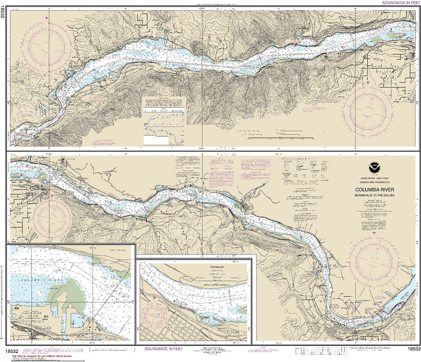 Columbia River - Bonneville to The Dalles (Upper Panel: Columbia River-Bonneville to Hood River, Lower Panel: Columbia River-Hood River to The Dalles) (18532) by NOAA