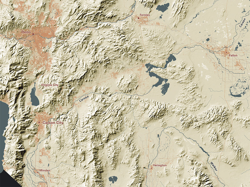 Nevada Landforms and Rivers Fine Art Print Map