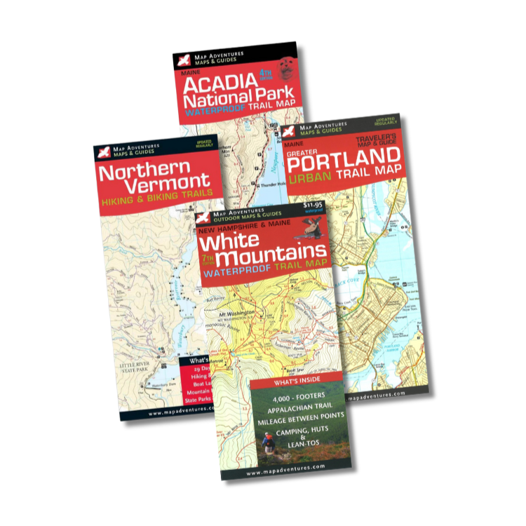 Set of hiking and biking trail maps for Acadia National Park, Northern Vermont, Portland, and White Mountains on a white background.