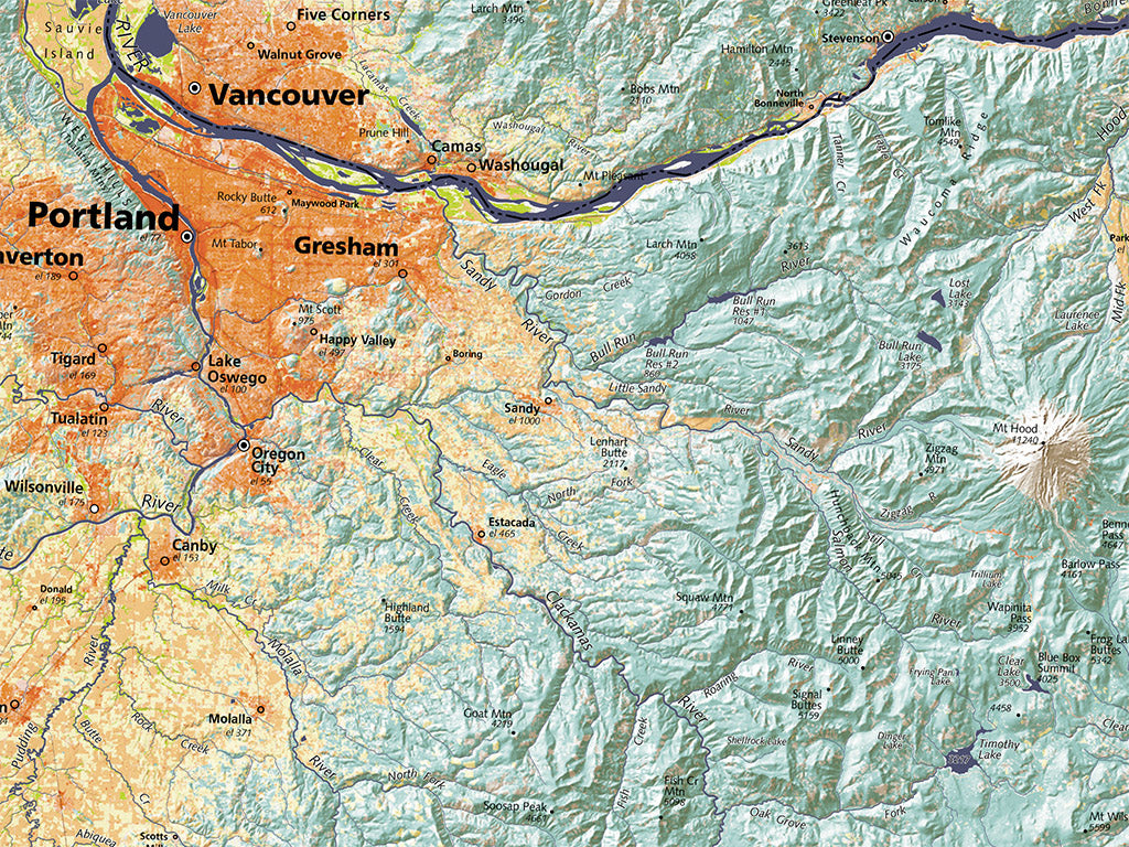 Northwest Oregon and Southwest Washington Elevation Tints Fine Art Print Map