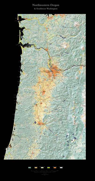 Northwest Oregon and Southwest Washington Elevation Tints Fine Art Print Map