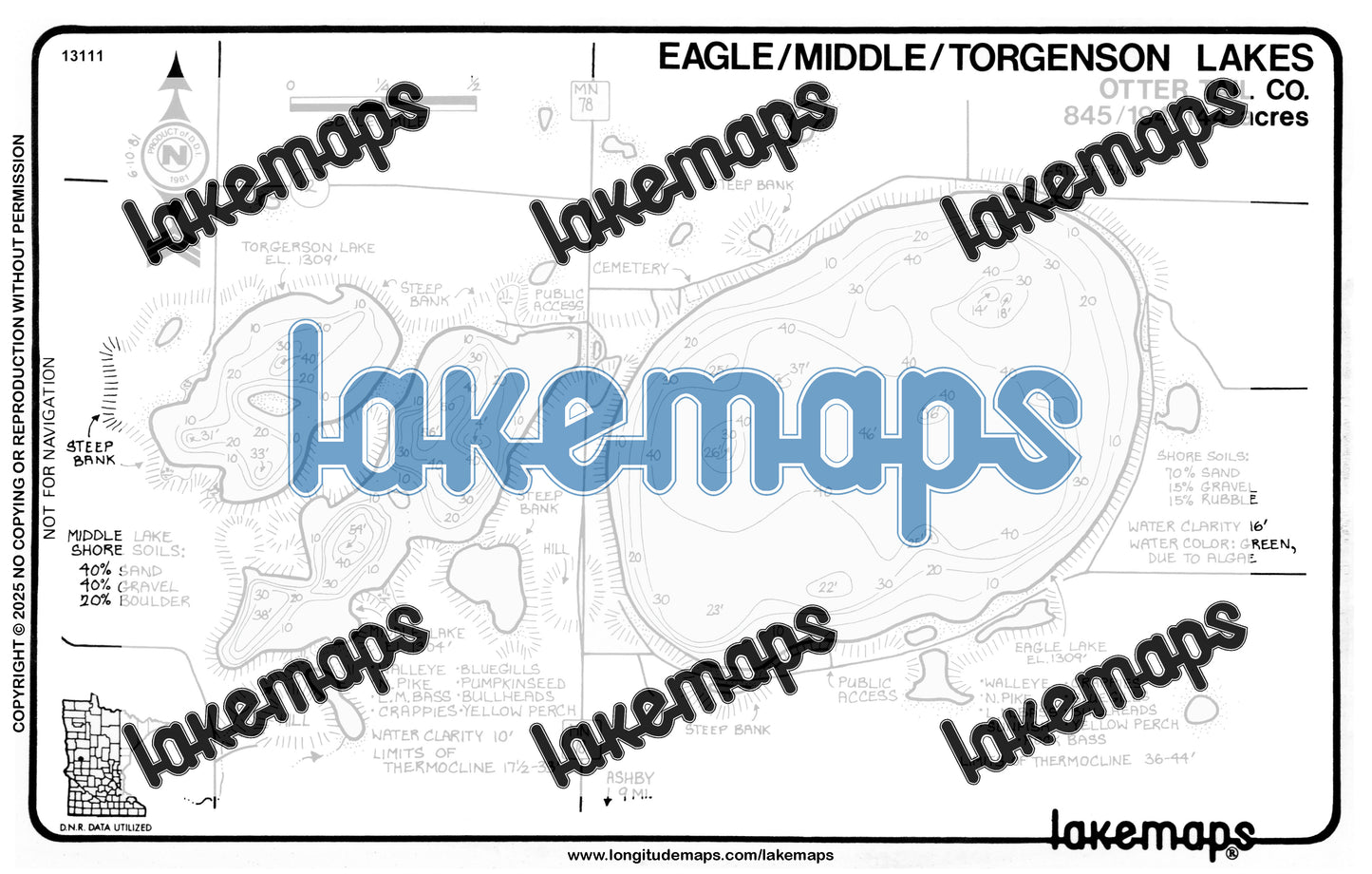 Otter Tail County, MN - EAGLE / Middle / Torgenson - Lakemap - 13111