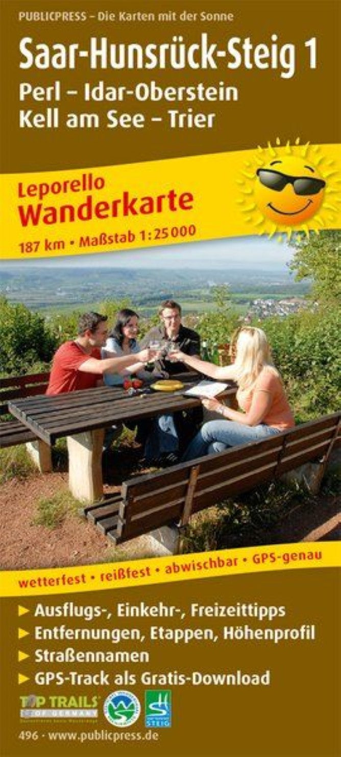 Saar-Hunsrück-Steig 1, Perl - Idar-Oberstein, Kell am See - Trier Leporello Wanderkarte