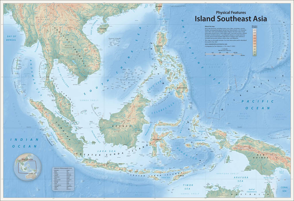 Physical Features of Island Southeast Asia - Laminated – Longitude Maps