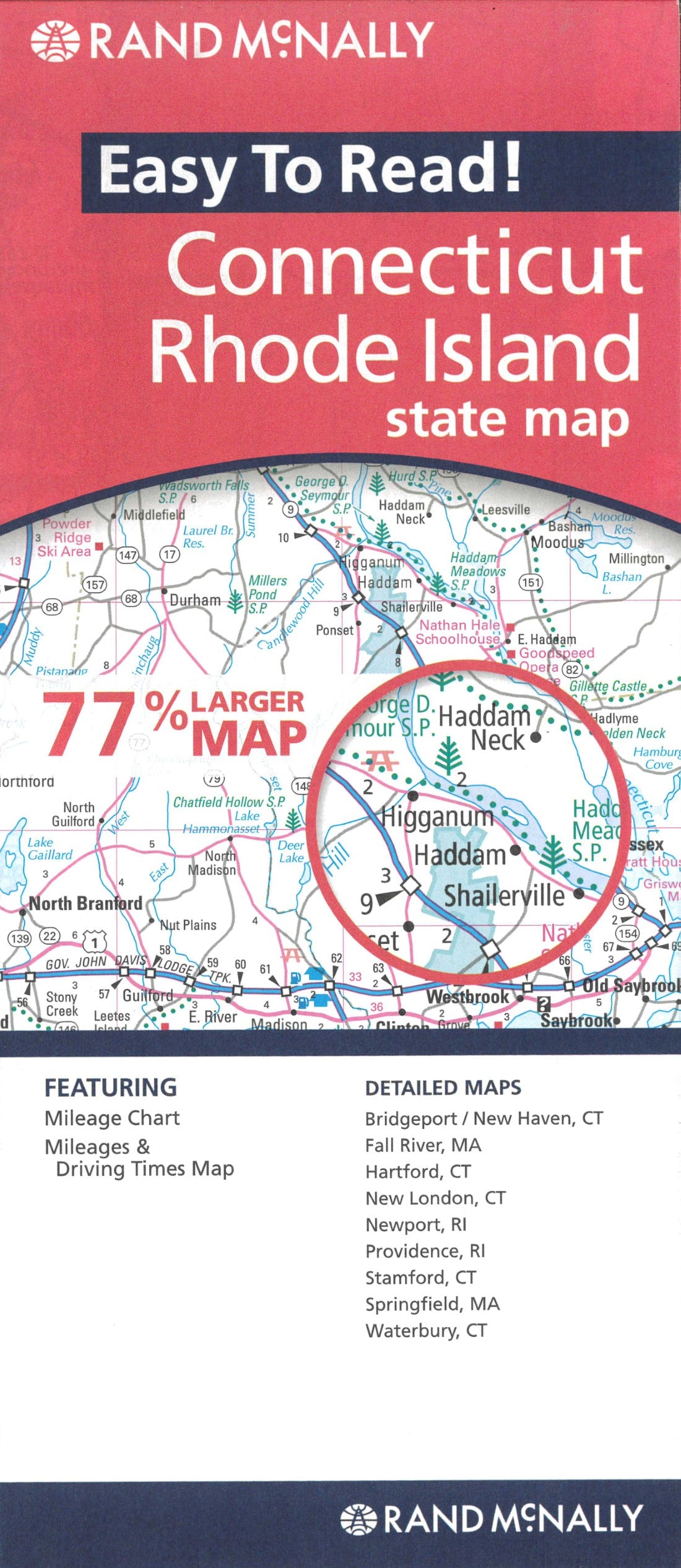 Connecticut and Rhode Island Easy to Read State Map