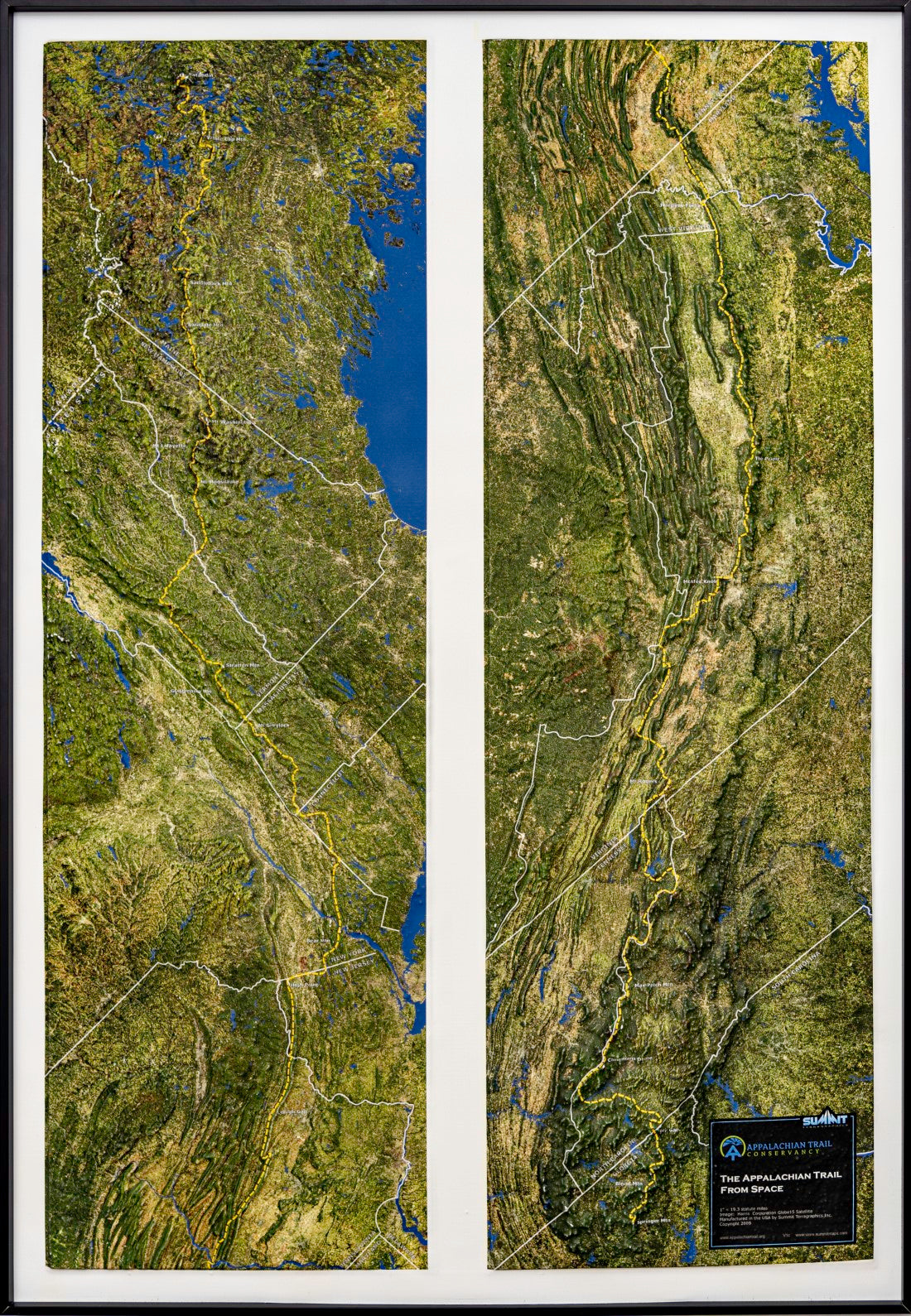 The Appalachian Trail from Space, Raised Relief Map in Black Metal Frame