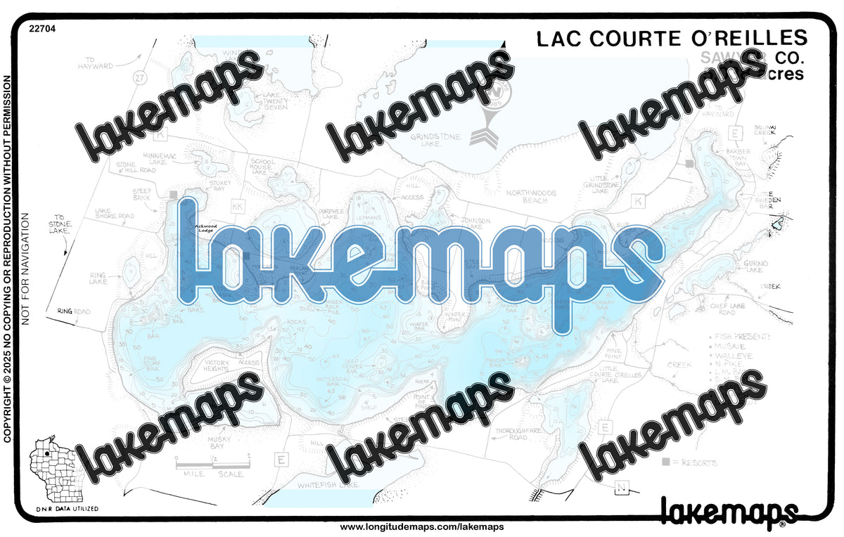 Sawyer County, WI - LAC COURTE O'REILLES / L. Lac Courte O'Reilles / Durphee / Johnson / Schoolhouse / Gurno - Lakemap - 22704
