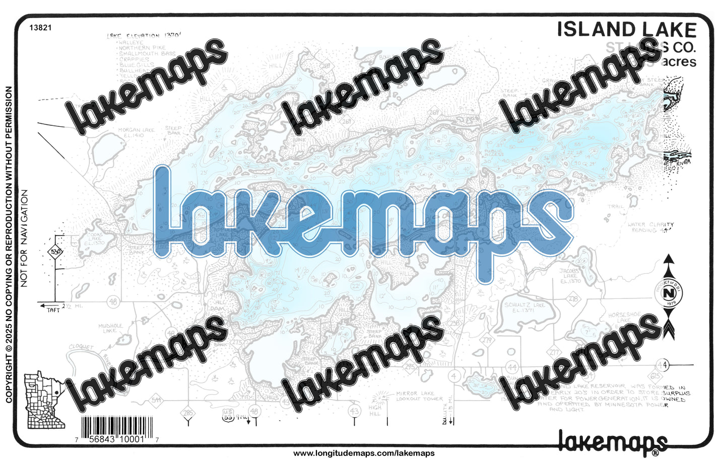 St. Louis County, MN - ISLAND LAKE RESERVOIR / Fredenberg (Flowage) / Sunshine / Jacobs / Horseshoe - Lakemap - 13821