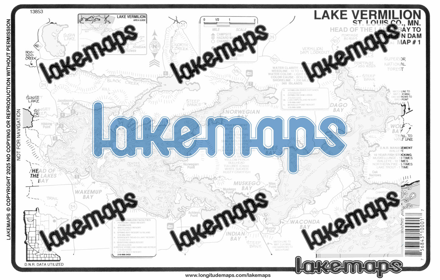 St. Louis County, MN - Lake Vermillion - Map 1 Head of Lakes to Dam - Lakemap - 13853
